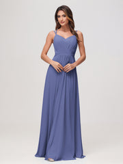 A-line robe en chiffon à encolure cœur froncée Pervenche