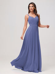 A-line robe en chiffon à encolure cœur froncée Pervenche