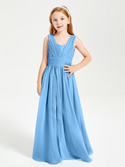 Chic Robes Longues de Demoiselle d'Honneur Junior à Col en V Bleu