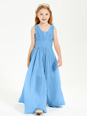Chic Robes Longues de Demoiselle d'Honneur Junior à Col en V Bleu