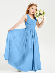Chic Robes Longues de Demoiselle d'Honneur Junior à Col en V Bleu