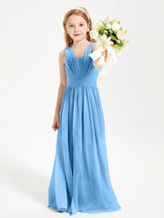 Chic Robes Longues de Demoiselle d'Honneur Junior à Col en V Bleu