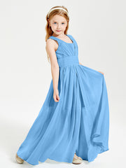 Chic Robes Longues de Demoiselle d'Honneur Junior à Col en V Bleu