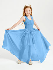Chic Robes Longues de Demoiselle d'Honneur Junior à Col en V Bleu