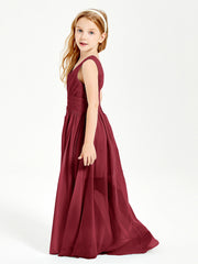 Chic Robes Longues de Demoiselle d'Honneur Junior à Col en V Bordeaux