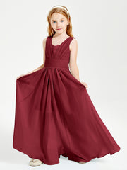 Chic Robes Longues de Demoiselle d'Honneur Junior à Col en V Bordeaux