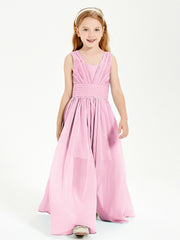Chic Robes Longues de Demoiselle d'Honneur Junior à Col en V Rose Bonbon