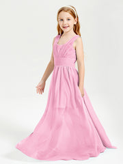 Chic Robes Longues de Demoiselle d'Honneur Junior à Col en V Rose Bonbon