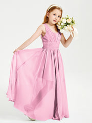 Chic Robes Longues de Demoiselle d'Honneur Junior à Col en V Rose Bonbon