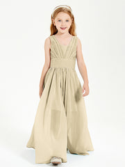Chic Robes Longues de Demoiselle d'Honneur Junior à Col en V Champagne
