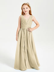 Chic Robes Longues de Demoiselle d'Honneur Junior à Col en V Champagne