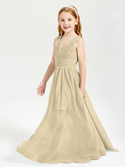 Chic Robes Longues de Demoiselle d'Honneur Junior à Col en V Champagne