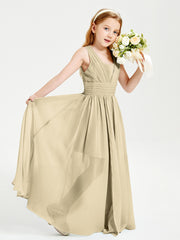 Chic Robes Longues de Demoiselle d'Honneur Junior à Col en V Champagne