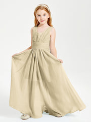 Chic Robes Longues de Demoiselle d'Honneur Junior à Col en V Champagne