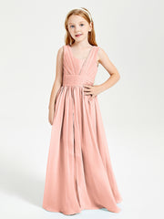 Chic Robes Longues de Demoiselle d'Honneur Junior à Col en V Corail