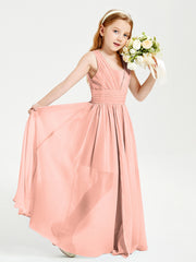 Chic Robes Longues de Demoiselle d'Honneur Junior à Col en V Corail