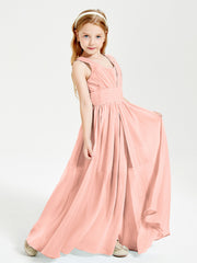 Chic Robes Longues de Demoiselle d'Honneur Junior à Col en V Corail