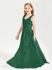 Chic Robes Longues de Demoiselle d'Honneur Junior à Col en V Vert Foncé