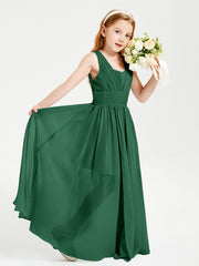 Chic Robes Longues de Demoiselle d'Honneur Junior à Col en V Vert Foncé