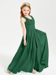 Chic Robes Longues de Demoiselle d'Honneur Junior à Col en V Vert Foncé