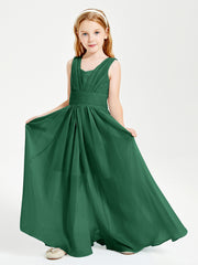 Chic Robes Longues de Demoiselle d'Honneur Junior à Col en V Vert Foncé