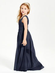 Chic Robes Longues de Demoiselle d'Honneur Junior à Col en V Bleu Marine