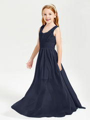 Chic Robes Longues de Demoiselle d'Honneur Junior à Col en V Bleu Marine
