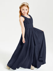 Chic Robes Longues de Demoiselle d'Honneur Junior à Col en V Bleu Marine