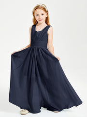 Chic Robes Longues de Demoiselle d'Honneur Junior à Col en V Bleu Marine