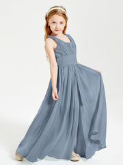 Chic Robes Longues de Demoiselle d'Honneur Junior à Col en V Bleu Poudré