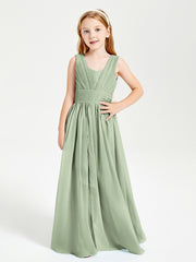 Chic Robes Longues de Demoiselle d'Honneur Junior à Col en V Sauge Poudrée