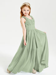 Chic Robes Longues de Demoiselle d'Honneur Junior à Col en V Sauge Poudrée