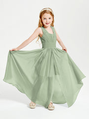 Chic Robes Longues de Demoiselle d'Honneur Junior à Col en V Sauge Poudrée