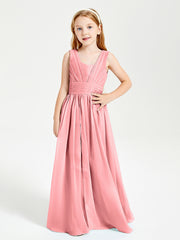 Chic Robes Longues de Demoiselle d'Honneur Junior à Col en V Flamant