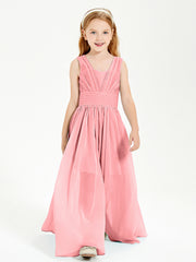 Chic Robes Longues de Demoiselle d'Honneur Junior à Col en V Flamant