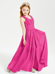 Chic Robes Longues de Demoiselle d'Honneur Junior à Col en V Fuchsia