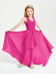 Chic Robes Longues de Demoiselle d'Honneur Junior à Col en V Fuchsia