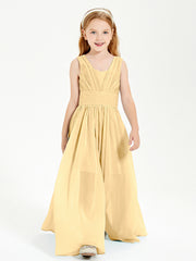 Chic Robes Longues de Demoiselle d'Honneur Junior à Col en V Or