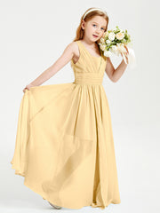 Chic Robes Longues de Demoiselle d'Honneur Junior à Col en V Or