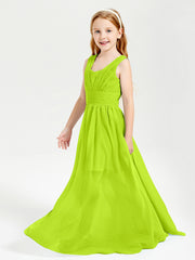 Chic Robes Longues de Demoiselle d'Honneur Junior à Col en V Vert Citron