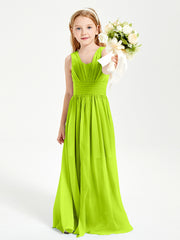 Chic Robes Longues de Demoiselle d'Honneur Junior à Col en V Vert Citron