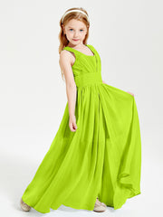 Chic Robes Longues de Demoiselle d'Honneur Junior à Col en V Vert Citron