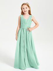 Chic Robes Longues de Demoiselle d'Honneur Junior à Col en V Vert Menthe