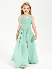 Chic Robes Longues de Demoiselle d'Honneur Junior à Col en V Vert Menthe