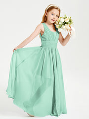 Chic Robes Longues de Demoiselle d'Honneur Junior à Col en V Vert Menthe