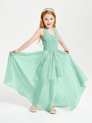 Chic Robes Longues de Demoiselle d'Honneur Junior à Col en V Vert Menthe