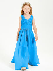 Chic Robes Longues de Demoiselle d'Honneur Junior à Col en V Bleu Océan
