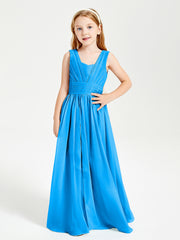 Chic Robes Longues de Demoiselle d'Honneur Junior à Col en V Bleu Océan