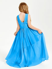 Chic Robes Longues de Demoiselle d'Honneur Junior à Col en V Bleu Océan