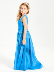 Chic Robes Longues de Demoiselle d'Honneur Junior à Col en V Bleu Océan